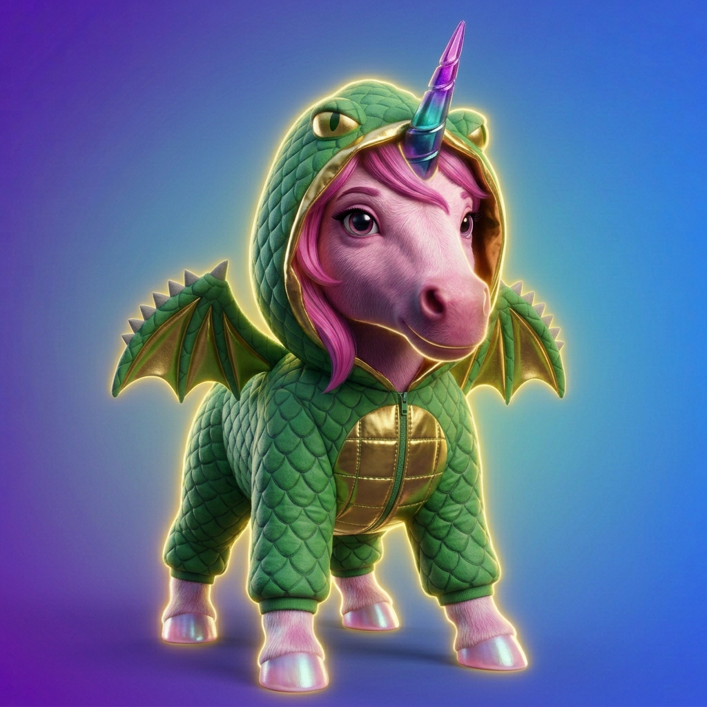 Toly Unicorn wearing the green dragon suit, filling the hero